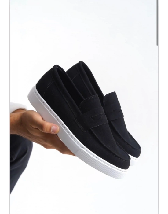 BA0580 Bağcıksız Kuşaklı Yüksek Süet Siyah Beyaz Taban Erkek Ayakkabı