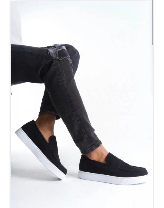 BA0580 Bağcıksız Kuşaklı Yüksek Süet Siyah Beyaz Taban Erkek Ayakkabı