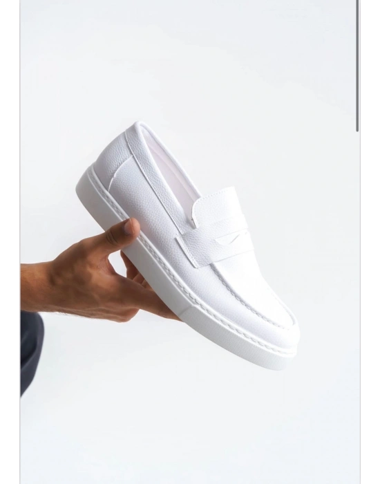 BA0580 Bağcıksız Kuşaklı Yüksek Taban Beyaz Cilt Erkek Ayakkabı