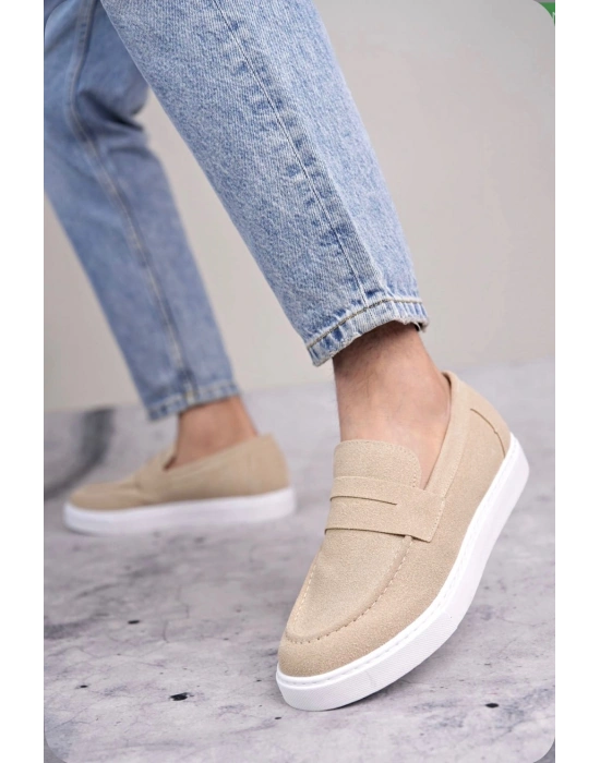 BA0580 Bağcıksız Kuşaklı Yüksek Taban Krem Süet Erkek Ayakkabı