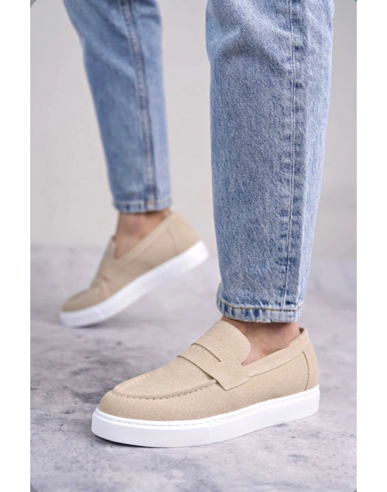 BA0580 Bağcıksız Kuşaklı Yüksek Taban Krem Süet Erkek Ayakkabı