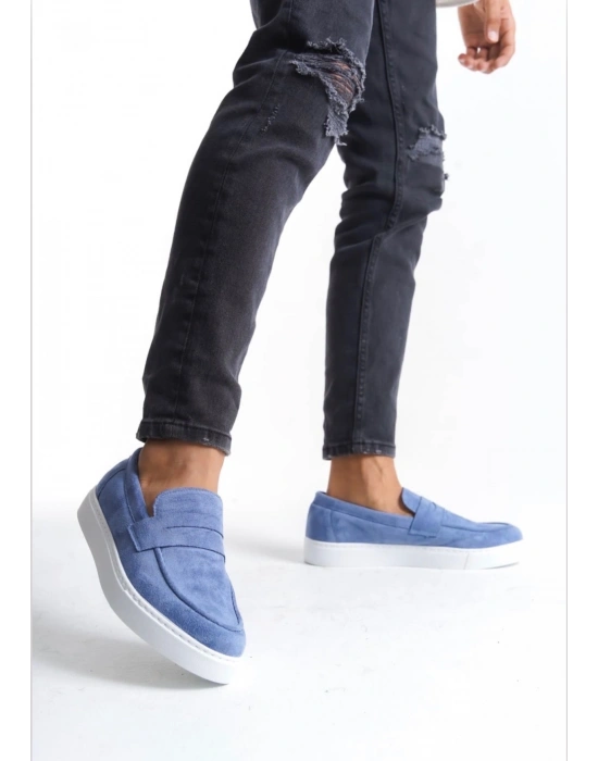 BA0580 Bağcıksız Kuşaklı Yüksek Taban Mavi Süet Erkek Ayakkabı