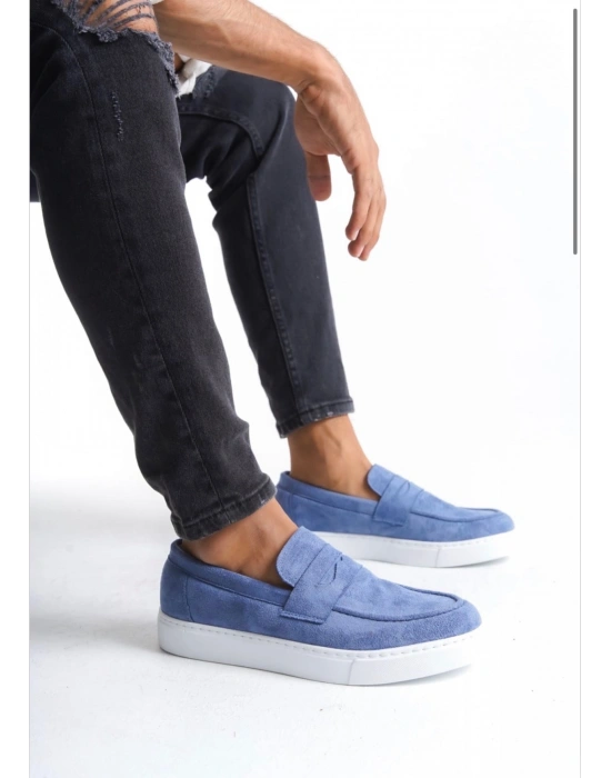 BA0580 Bağcıksız Kuşaklı Yüksek Taban Mavi Süet Erkek Ayakkabı