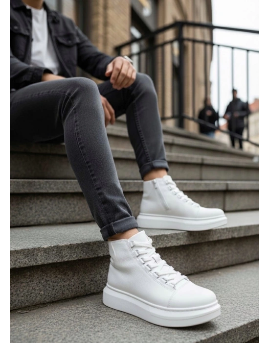 BA0713 Bağcıklı Beyaz Yüksek Taban Erkek Tarz Spor Bot