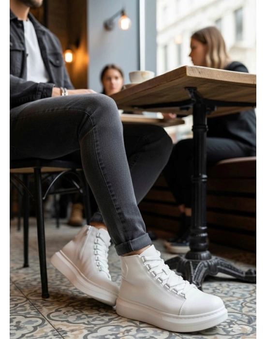 BA0713 Bağcıklı Beyaz Yüksek Taban Erkek Tarz Spor Bot