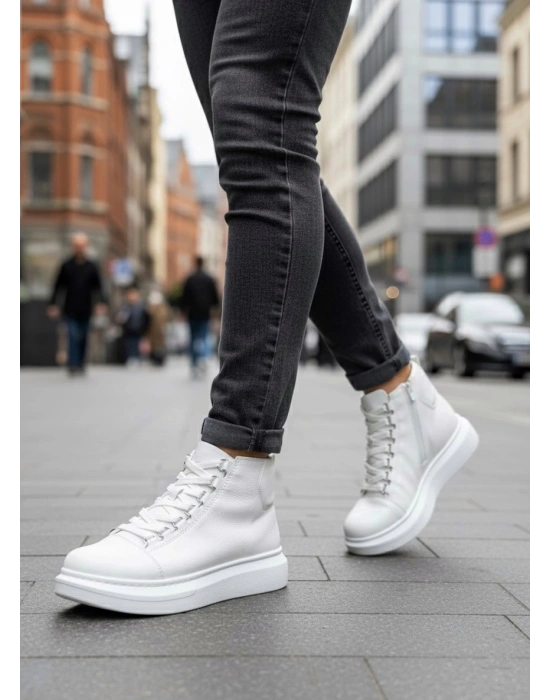 BA0713 Bağcıklı Beyaz Yüksek Taban Erkek Tarz Spor Bot