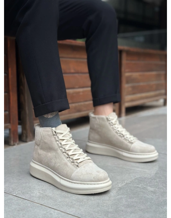 BA0713 Bağcıklı Süet Bej Yüksek Taban Erkek Tarz Spor Bot