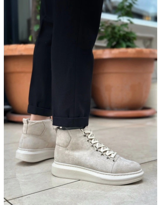 BA0713 Bağcıklı Süet Bej Yüksek Taban Erkek Tarz Spor Bot
