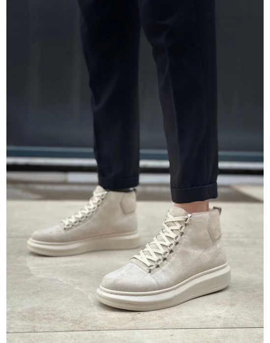 BA0713 Bağcıklı Süet Bej Yüksek Taban Erkek Tarz Spor Bot