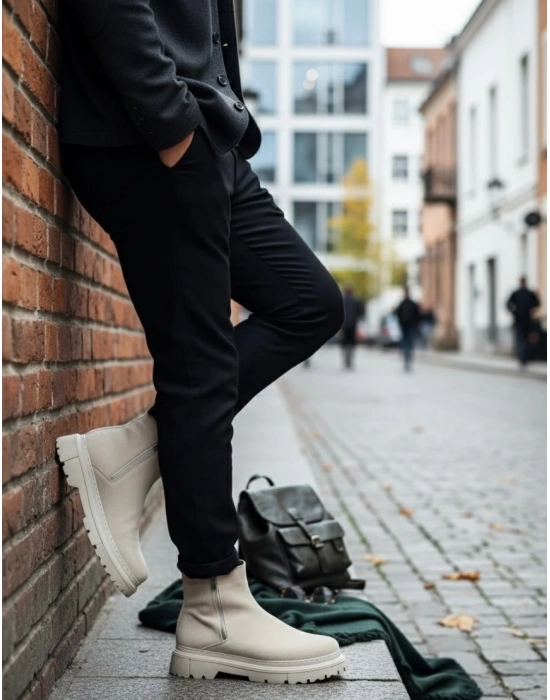 BA0777 Süet Bej Çift Fermuarlı Erkek Yarım Bilek Bot