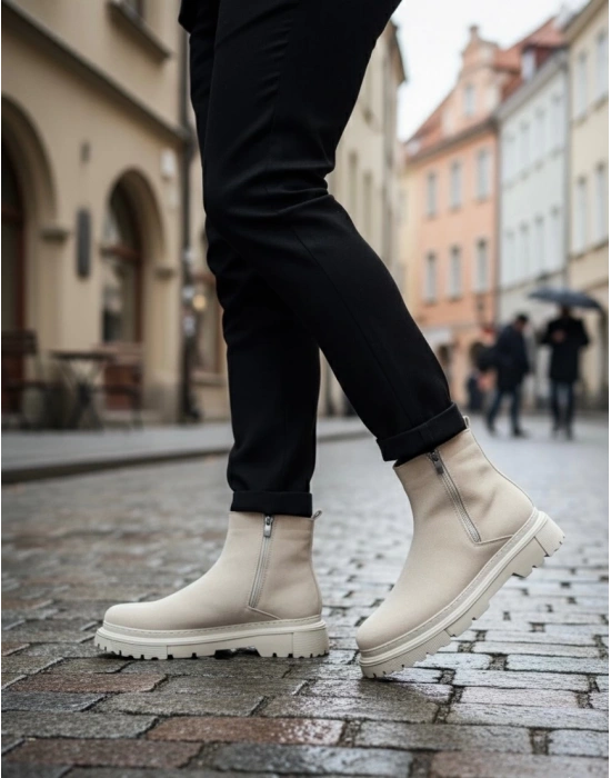 BA0777 Süet Bej Çift Fermuarlı Erkek Yarım Bilek Bot