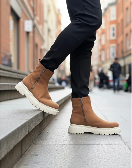 BA0777 Süet Taba Krem Taban Çift Fermuarlı Erkek Yarım Bilek Bot