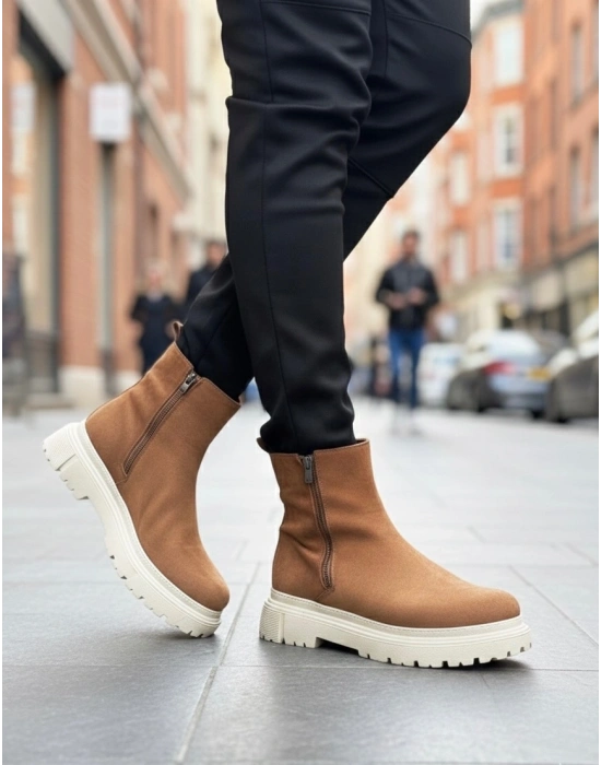 BA0777 Süet Taba Krem Taban Çift Fermuarlı Erkek Yarım Bilek Bot