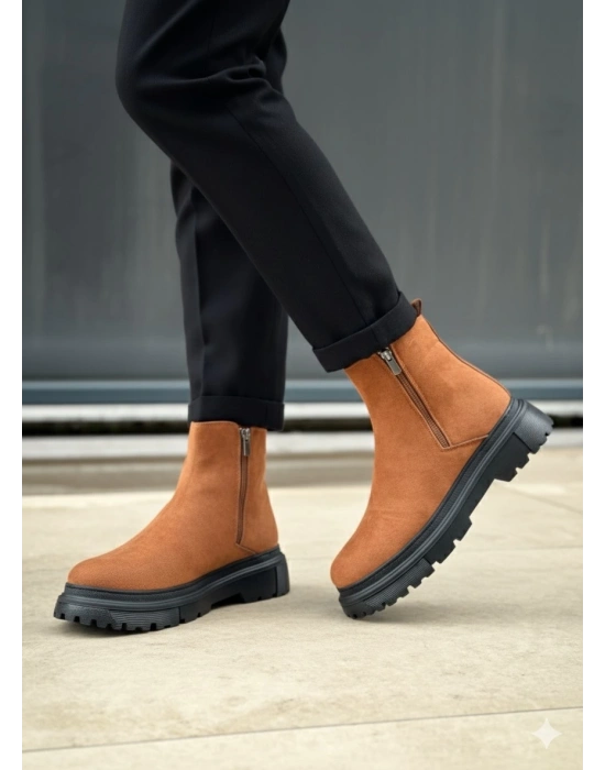 BA0777 Süet Taba Siyah Taban Çift Fermuarlı Erkek Yarım Bilek Bot