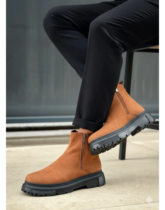 BA0777 Süet Taba Siyah Taban Çift Fermuarlı Erkek Yarım Bilek Bot