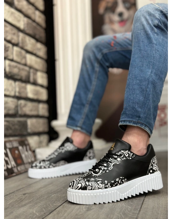 Ba0802 Boa Gotik Desenli Siyah Beyaz Yüksek Taban Erkek Erkek Günlük Ayakkabı