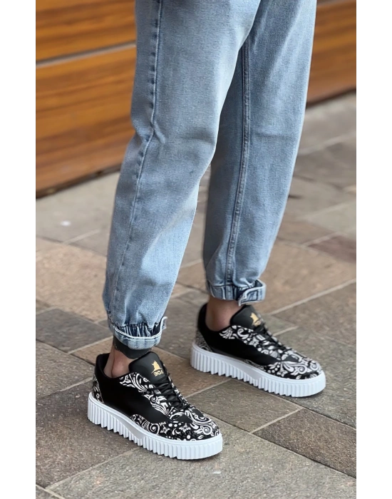 Ba0802 Boa Gotik Desenli Siyah Beyaz Yüksek Taban Erkek Erkek Günlük Ayakkabı