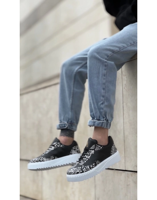 Ba0802 Boa Gotik Desenli Siyah Beyaz Yüksek Taban Erkek Erkek Günlük Ayakkabı