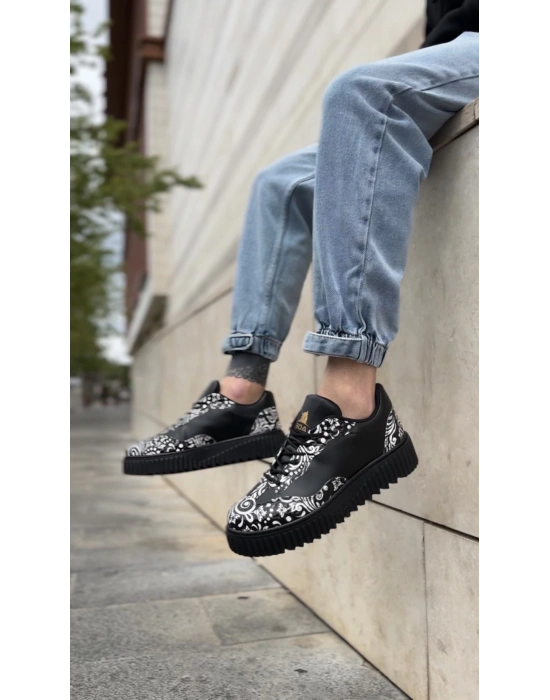 Ba0802 Boa Gotik Desenli Siyah Yüksek Taban Erkek Erkek Günlük Ayakkabı