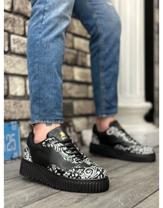 Ba0802 Boa Gotik Desenli Siyah Yüksek Taban Erkek Erkek Günlük Ayakkabı