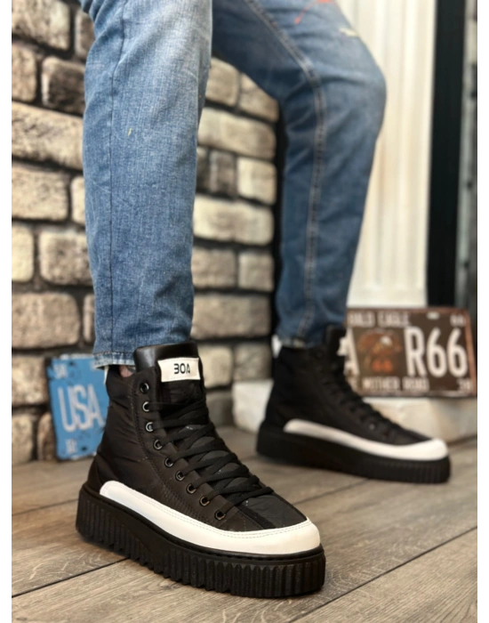 BA0811 BOA Yüksek Taban Siyah Paraşüt Kumaş Beyaz Cilt Detaylı Yarım Bilek Spor Bot