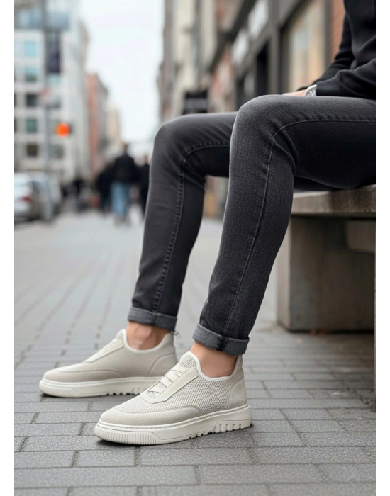 BA0911 Özel Örme Triko Deri Tozu Detaylı Bej Günlük Spor Ayakkabı