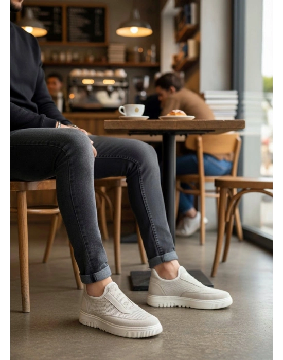 BA0911 Özel Örme Triko Deri Tozu Detaylı Bej Günlük Spor Ayakkabı