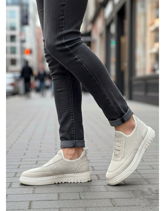 BA0911 Özel Örme Triko Deri Tozu Detaylı Bej Günlük Spor Ayakkabı