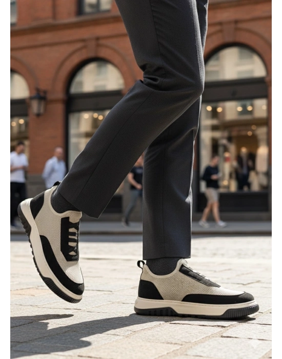 BA0911 Özel Örme Triko Deri Tozu Detaylı Bej Siyah Günlük Spor Ayakkabı