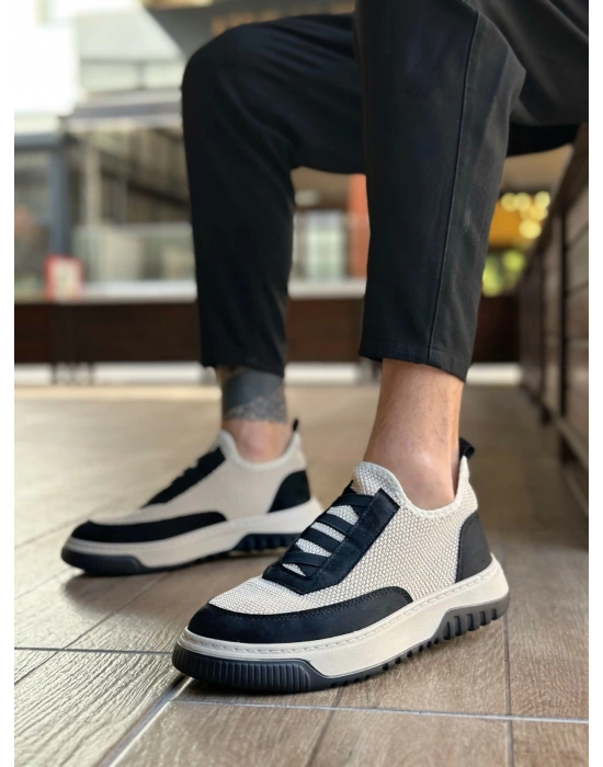 BA0911 Özel Örme Triko Deri Tozu Detaylı Bej Siyah Günlük Spor Ayakkabı