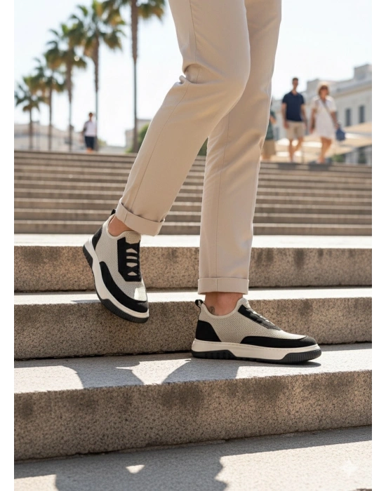 BA0911 Özel Örme Triko Deri Tozu Detaylı Bej Siyah Günlük Spor Ayakkabı