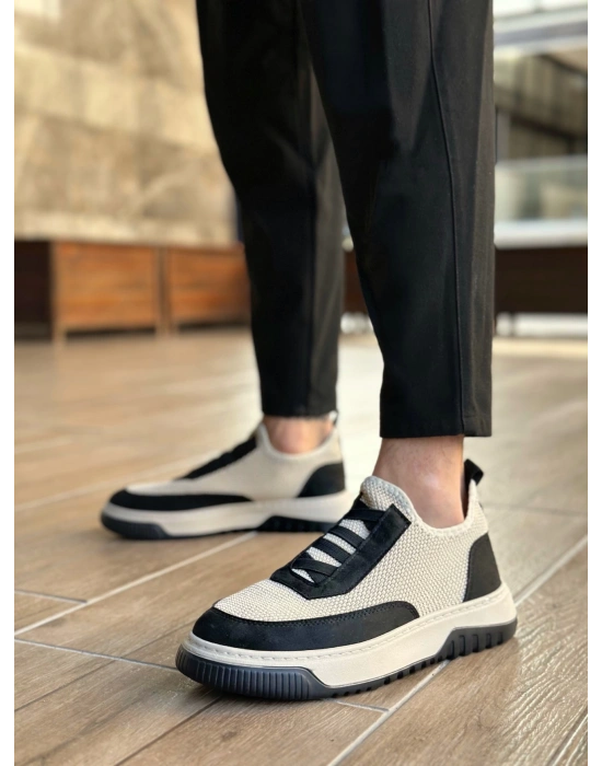 BA0911 Özel Örme Triko Deri Tozu Detaylı Bej Siyah Günlük Spor Ayakkabı