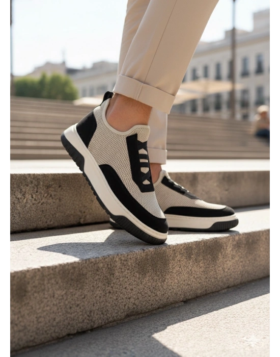 BA0911 Özel Örme Triko Deri Tozu Detaylı Bej Siyah Günlük Spor Ayakkabı