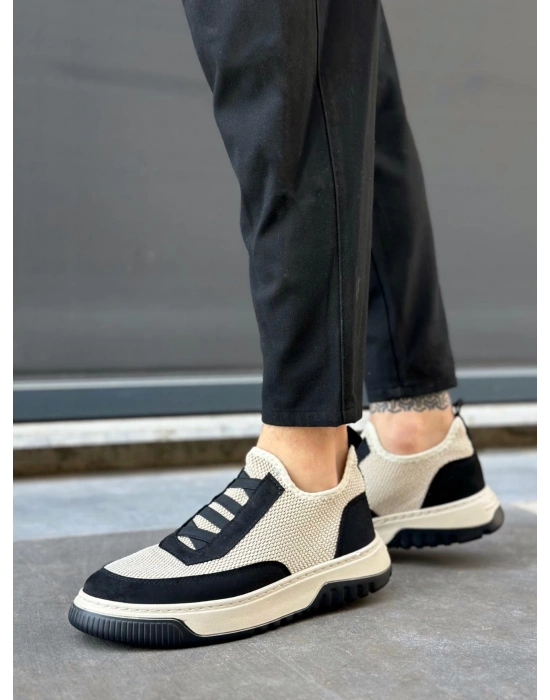 BA0911 Özel Örme Triko Deri Tozu Detaylı Bej Siyah Günlük Spor Ayakkabı