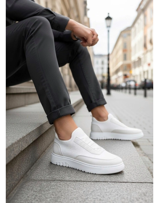 BA0911 Özel Örme Triko Deri Tozu Detaylı Beyaz Günlük Spor Ayakkabı