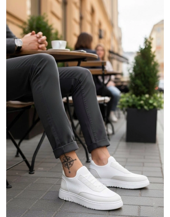 BA0911 Özel Örme Triko Deri Tozu Detaylı Beyaz Günlük Spor Ayakkabı