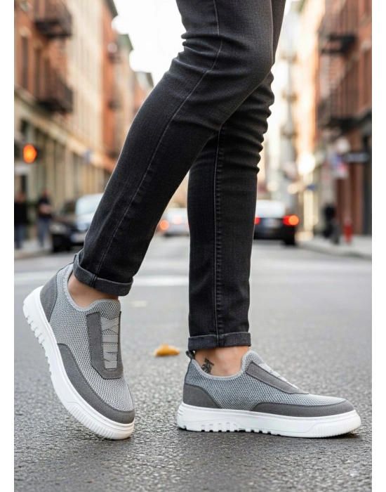 BA0911 Özel Örme Triko Deri Tozu Detaylı Gri Günlük Spor Ayakkabı