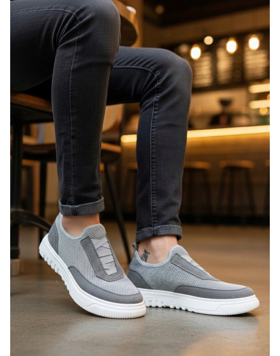 BA0911 Özel Örme Triko Deri Tozu Detaylı Gri Günlük Spor Ayakkabı