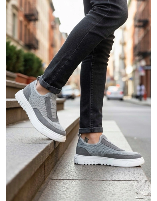 BA0911 Özel Örme Triko Deri Tozu Detaylı Gri Günlük Spor Ayakkabı