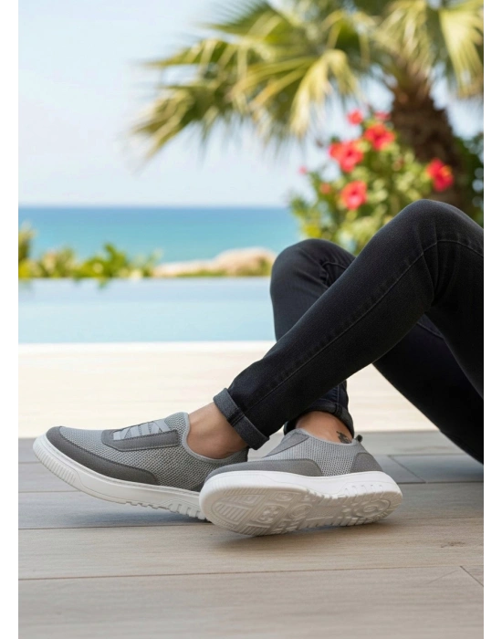 BA0911 Özel Örme Triko Deri Tozu Detaylı Gri Günlük Spor Ayakkabı