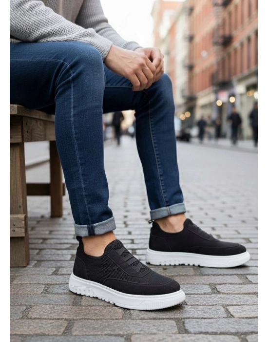 BA0911 Özel Örme Triko Deri Tozu Detaylı Siyah Günlük Spor Ayakkabı