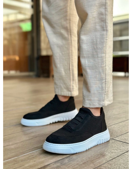 Ba0911 Özel Örme Triko Deri Tozu Detaylı Siyah Günlük Spor Ayakkabı Erkek Günlük Ayakkabı