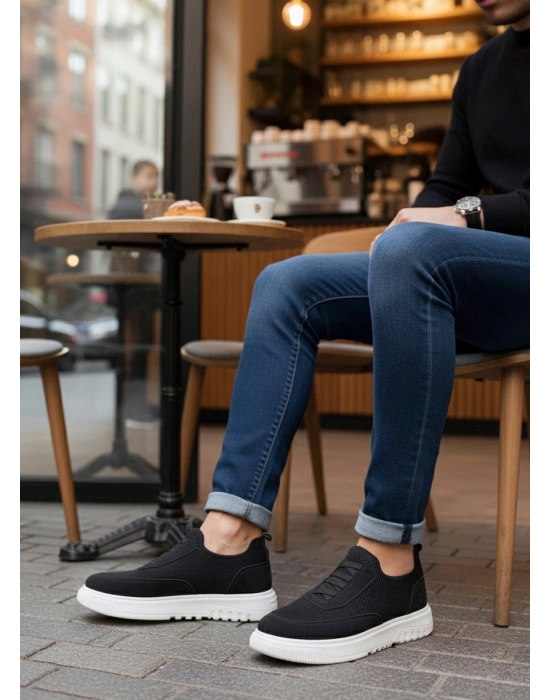 BA0911 Özel Örme Triko Deri Tozu Detaylı Siyah Günlük Spor Ayakkabı