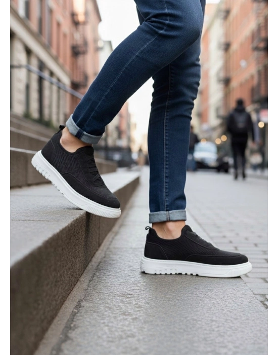 BA0911 Özel Örme Triko Deri Tozu Detaylı Siyah Günlük Spor Ayakkabı