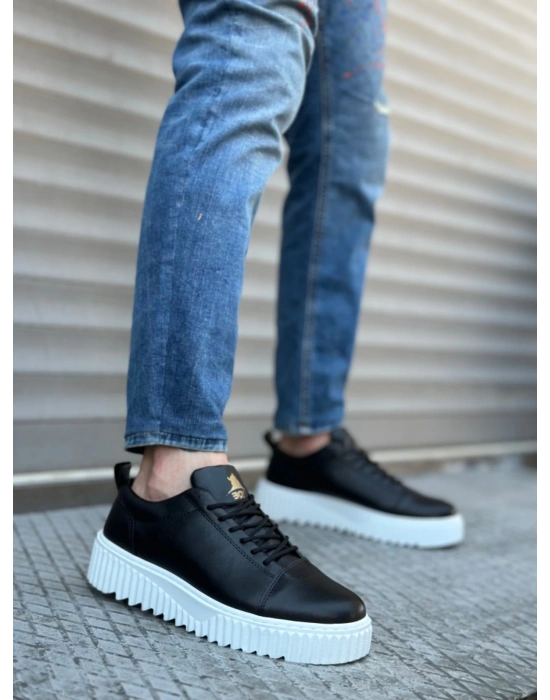 Ba8104 Boa Yüksek Taban Siyah Cilt Bağcıklı Erkek Ayakkabı Erkek Günlük Ayakkabı