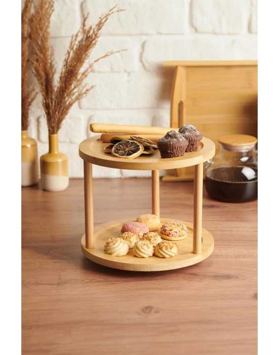 Bambu İki Katlı Döner Sunumluk 24,5×24,5×18 cm