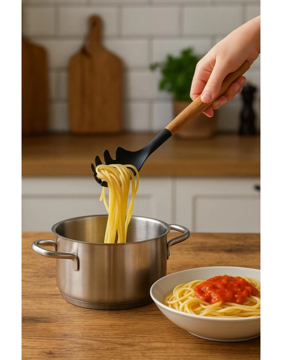 Bambu Saplı Silikon Spagetti Makarna Servis Kaşığı Siyah