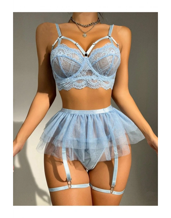 Bebe Mavi Bel Tüllü Kadın Seksi Fantezi Jartiyer Takım 2059