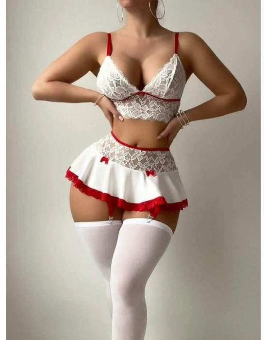 Beyaz Etekli Kırmızı Dantelli Fantezi Kostüm 2058