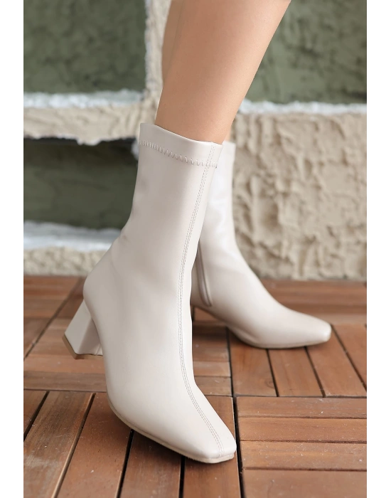 Birta Bej Cilt Streç Topuklu Kadın Bot